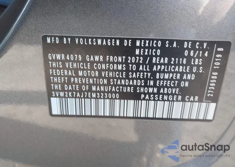 2014 Volkswagen Jetta 2.0L S из США, поврежденный, VIN 3VW2K7AJ7EM323000